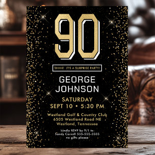 Modern Black 90th Birthday Surprise Party Invitation