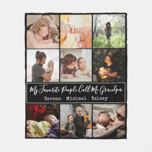 Modern Black 9 Photo Collage for Grandpa Fleece Blanket