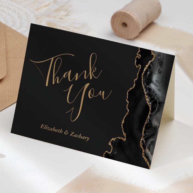 Modern Black Agate Gold Dark Wedding Thank You Card (Creator Uploaded)