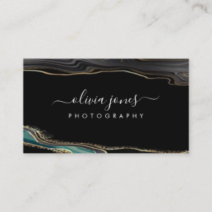 Modern Black Agate Gold Glitter Signature Script  Business Card