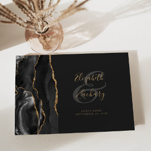 Modern Black Agate Gold Script Dark Guest Book