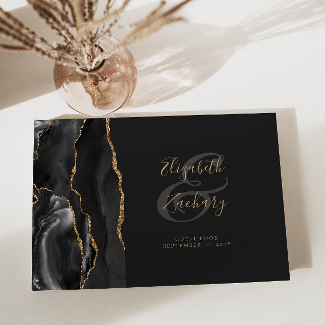 Modern Black Agate Gold Script Dark Guest Book (Creator Uploaded)