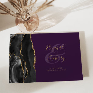Modern Black Agate Gold Script Purple Guest Book