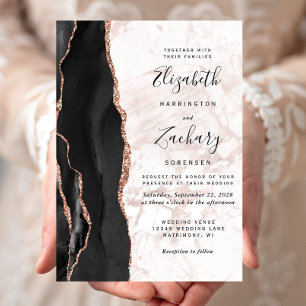 Modern Black Agate Rose Gold Marble Wedding Invitation