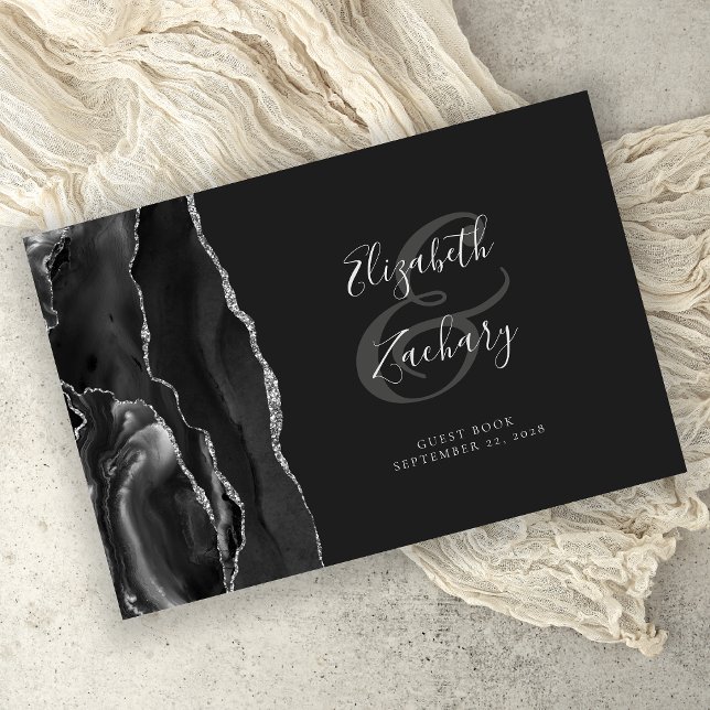 Modern Black Agate Silver Script Dark Guest Book (Creator Uploaded)