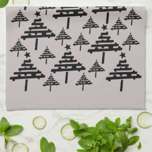Modern Black and Beige Christmas Tree Pattern Tea Towel