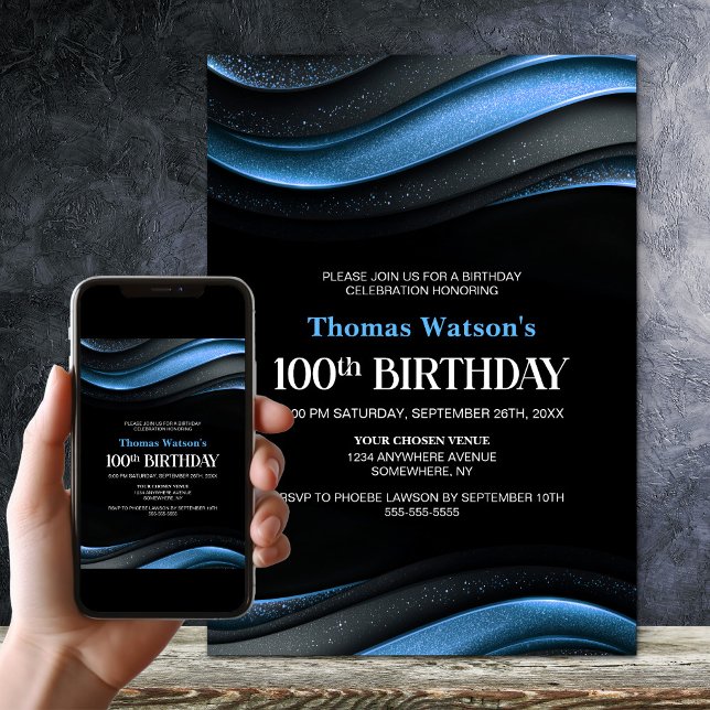 Modern Black and Blue 100th Birthday Party Invitation (Creator Uploaded)