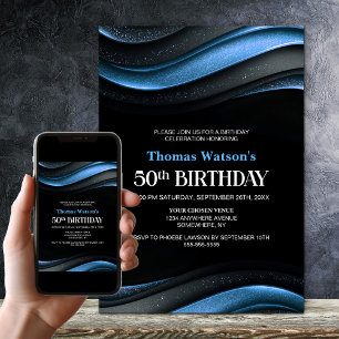 Modern Black and Blue 50th Birthday Party Invitation