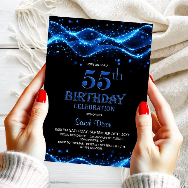 Modern Black and Blue 55th Birthday Party Invitation (Creator Uploaded)