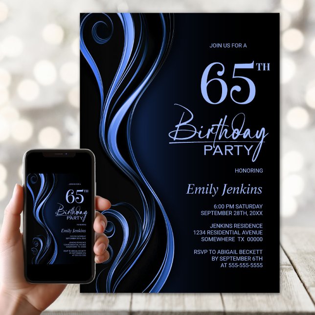 Modern Black and Blue 65th Birthday Party Invitation (Creator Uploaded)