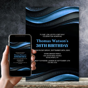 Modern Black and Blue Any Age Birthday Party Invitation