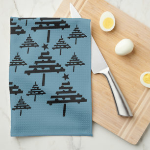 Modern Black and Blue Christmas Tree Pattern Tea Towel