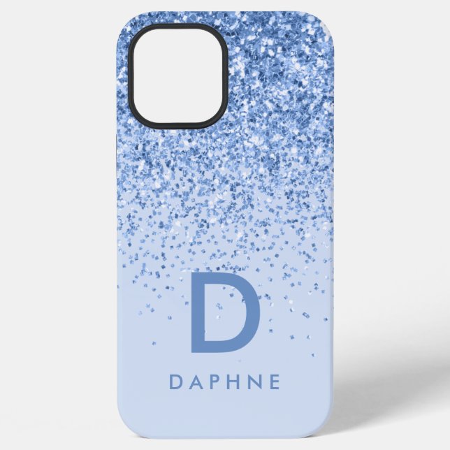 Modern black and blue glitter initial monogram iPhone case (Back)
