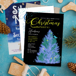 Modern Black And Blue Merry Christmas Tree Party   Invitation