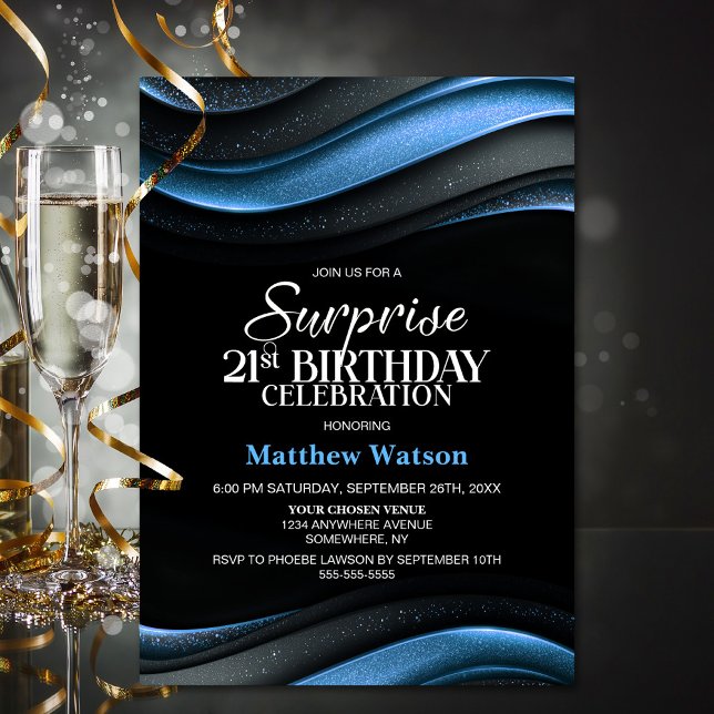 Modern Black and Blue Surprise 21st Birthday Party Invitation (Creator Uploaded)