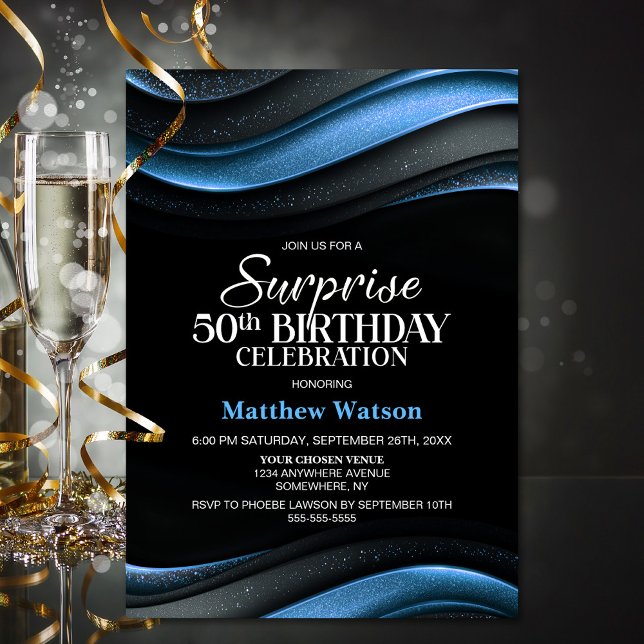 Modern Black and Blue Surprise 50th Birthday Party Invitation (Creator Uploaded)