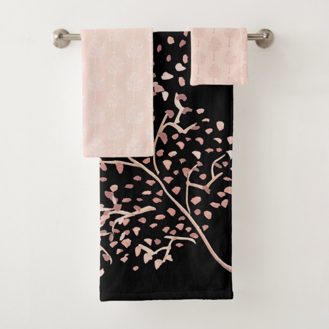 Modern Black And Blush Abstract Branch Bath Towel Set (Insitu)