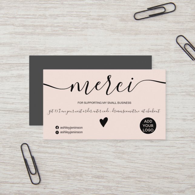Modern black and blush order French thank you Business Card (Front/Back In Situ)