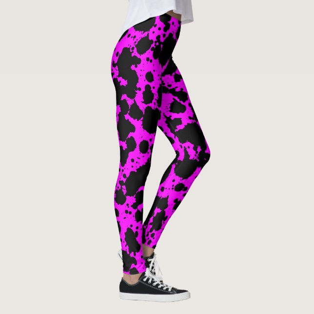 Modern Black and Bright Pink Paint Splatters Funny Leggings (Right)