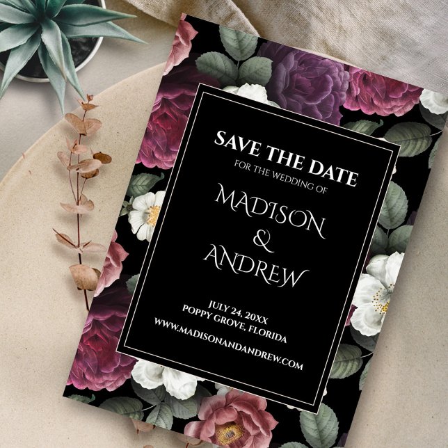 Modern Black and Burgundy Peonies Save the Date (Modern Black and Burgundy Peonies Save the Date on neutral plate)