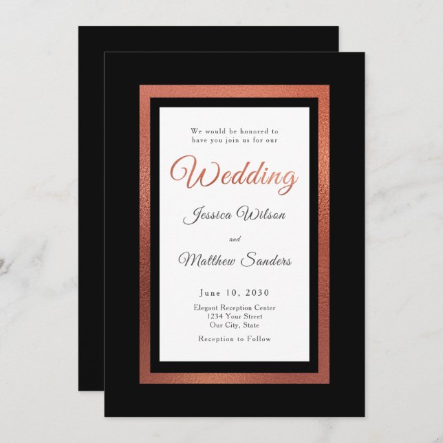 Modern Black and Copper Elegant Formal Wedding Invitation (Front/Back)