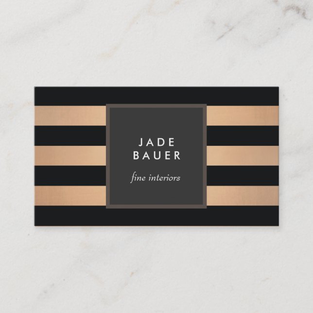 Modern Black and Copper Striped Interior Designer Business Card (Front)
