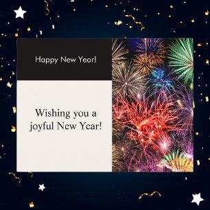 Modern Black and Cream Fireworks New Year Holiday Postcard