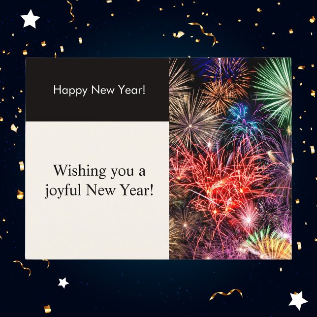 Modern Black and Cream Fireworks New Year Holiday Postcard (Creator Uploaded)