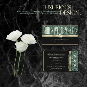 Modern Black and Forest Green Glitter Gold Jewels Business Card