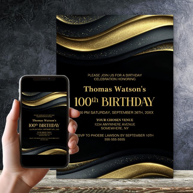 Modern Black and Gold 100th Birthday Party Invitation (Creator Uploaded)