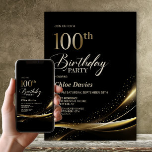 Modern Black and Gold 100th Birthday Party Invitation