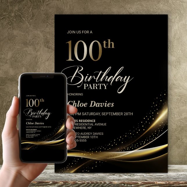 Modern Black and Gold 100th Birthday Party Invitation (Creator Uploaded)
