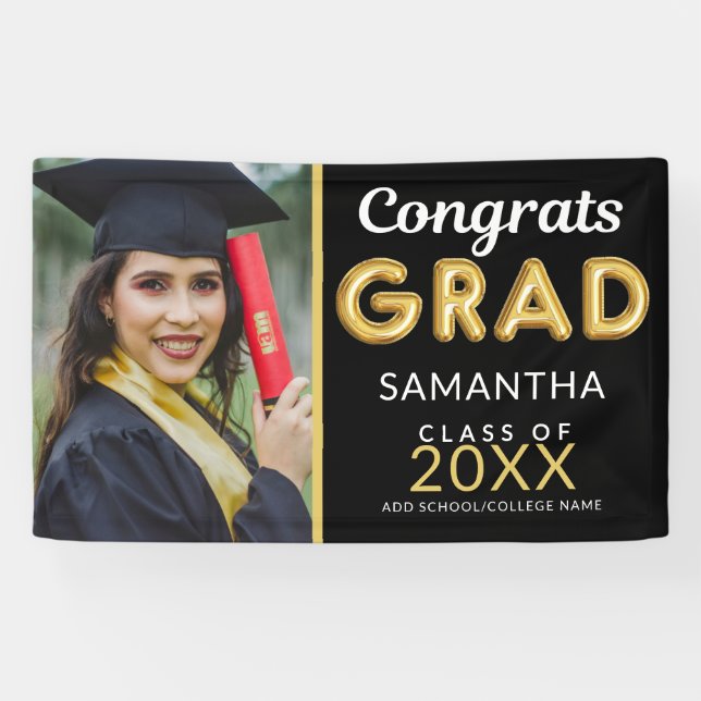 Modern Black And Gold 1 Photo Congrats Grad  Banner (Horizontal)