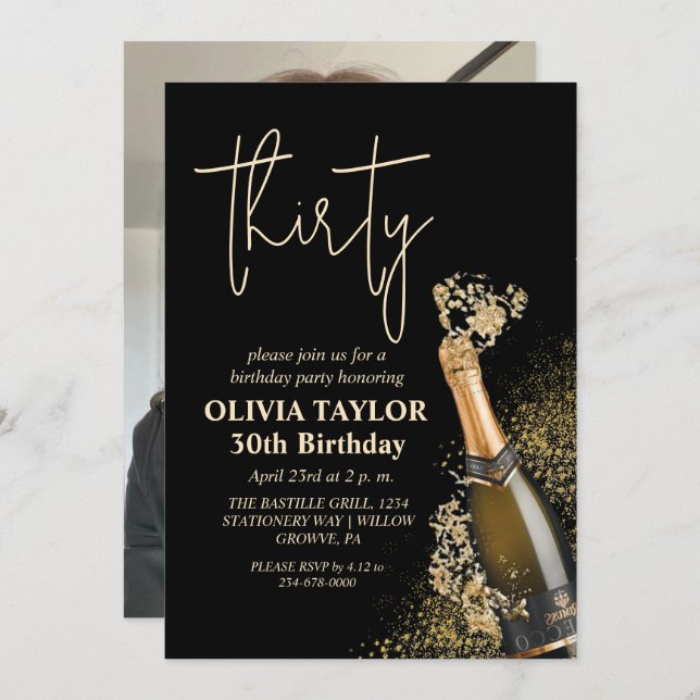 Modern Black and Gold 30th Birthday Champagne Invitation (Front/Back)