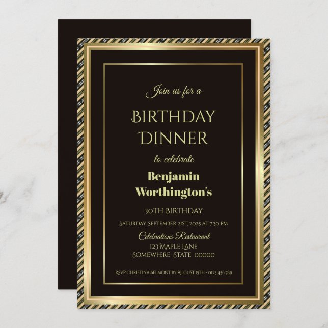 Modern Black and Gold 30th Birthday Dinner Invitation (Front/Back)