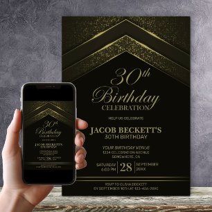 Modern Black and Gold 30th Birthday Party Invitation