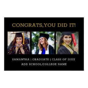 Modern Black And Gold 3 Photo Collage Graduation Poster
