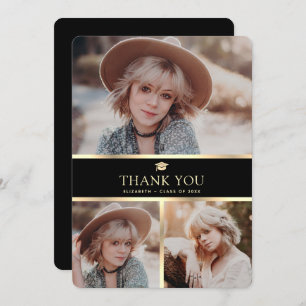 Modern Black and Gold 3 Photo Graduation Thank You Card