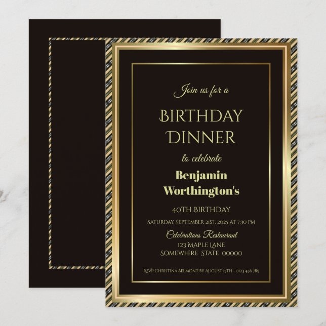 Modern Black and Gold 40th Birthday Dinner Invitation (Front/Back)