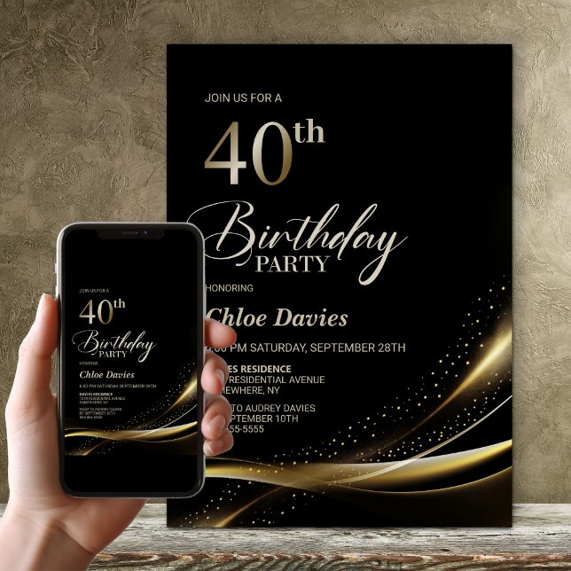 Modern Black and Gold 40th Birthday Party Invitation (Creator Uploaded)