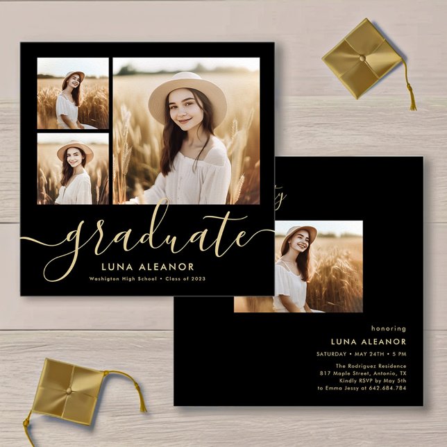Modern Black and Gold 4 Photo Graduation Party Invitation (Creator Uploaded)