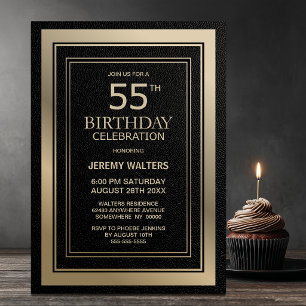 Modern Black and Gold 55th Birthday Party Invitation