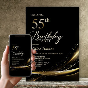 Modern Black and Gold 55th Birthday Party Invitation