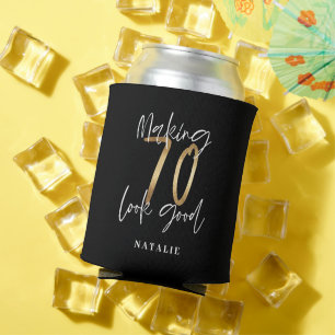 Modern black and gold 70th birthday stylish can cooler