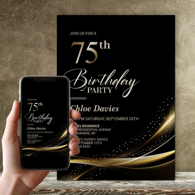 Modern Black and Gold 75th Birthday Party Invitation (Creator Uploaded)