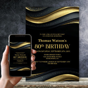 Modern Black and Gold 80th Birthday Party Invitation