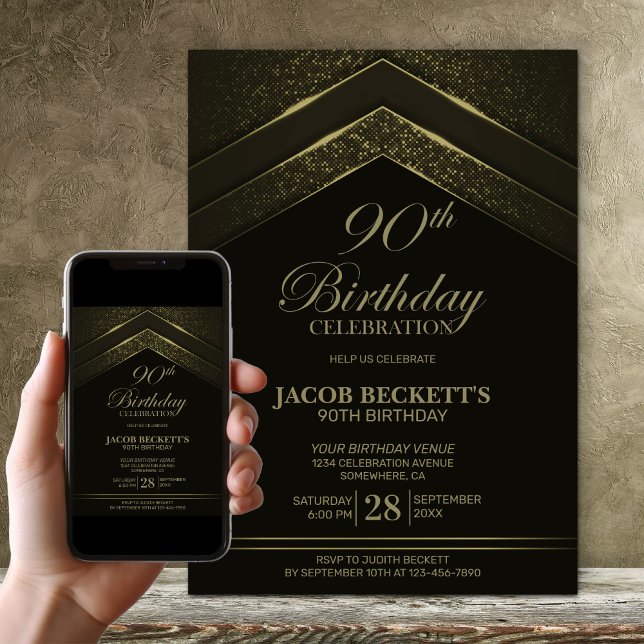 Modern Black and Gold 90th Birthday Party Invitation (Creator Uploaded)