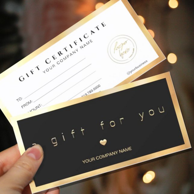 Modern Black And Gold Add Logo Gift Certificate (#zazzlemade #giftcardgold #addyourlogo #goldlogo #goldframe #goldcard #holidaygift #cusomercard)