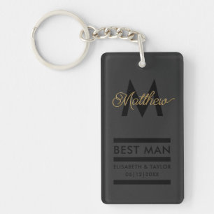 Modern Black and Gold Add Name & Monogram Best Man Key Ring