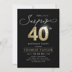 Modern black and gold adult surprise 40th birthday invitation